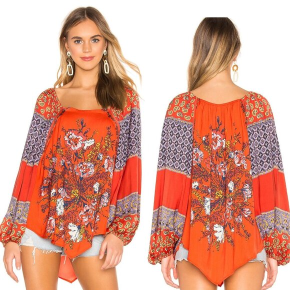 Free People Red Orange Positano Printed Blouse Top 37617 - Picture 1 of 10